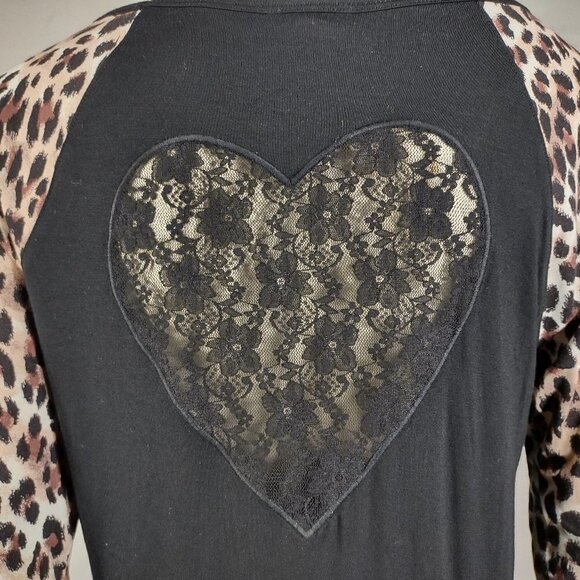 Betsey Johnson black animal print lace heart long sleeve shirt blouse Medium - Picture 5 of 7